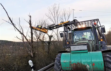 Ein grüner Traktor mit einem hydraulischen Arm schneidet Äste von einem Baum am Rande einer Landstraße, in der Nähe einer Metallleitplanke und blattloser Bäume unter einem bewölkten Himmel.